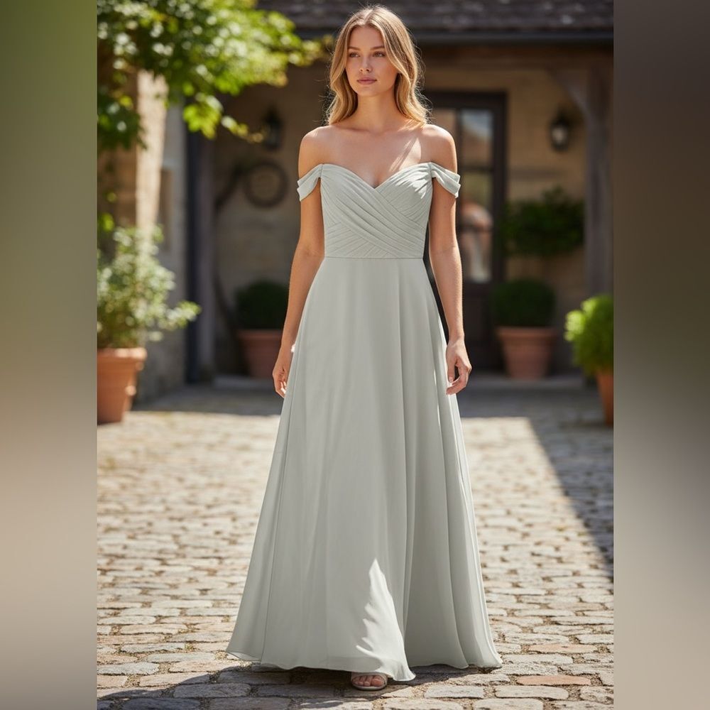 SORELLA VITA Sage Green Bridesmaid Dress Off Shoulder Chiffon Gown Size 8